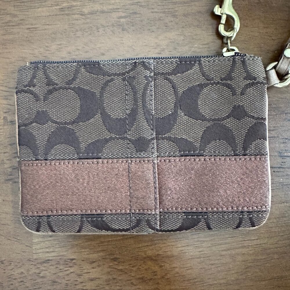 Coach Signature Collection Wristlet Brown C Logo Leather Trim Small Zip Pouch - Picture 2 of 8